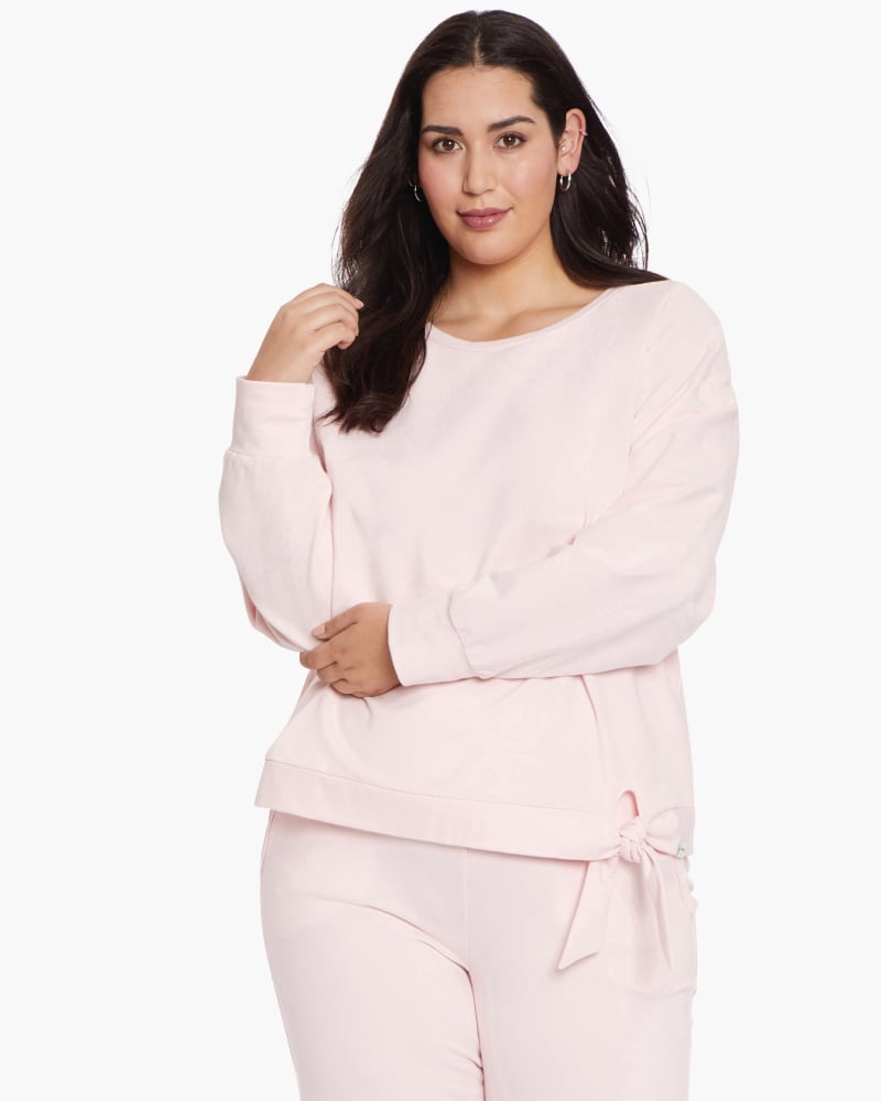 Front of a model wearing a size 0X Kayleigh Tie-Hem Sweatshirt in Carnation by NYDJ. | dia_product_style_image_id:166407